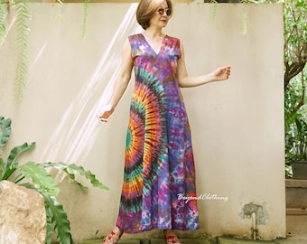Boho Rainbow Tie Dye Maxi Dress: Sleeveless V-Neck Cotton - LD12G
