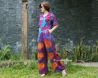 Mono con capucha de algodón teñido estilo bohemio: Mono corto de manga corta para festivales - TDJ1E