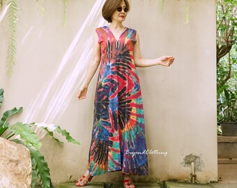 Rainbow Tie Dye Maxi Dress: Sleeveless V Neck Cotton Festival Dress -  LD12H