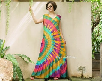 Boho Tie Dye Rayon Maxi Dress: Sleeveless Ruffle Hem -LD80