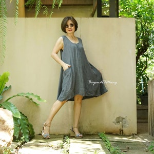 Oversize Crinkle Cotton Boho Tunic Top: Sleeveless Dark Gray Gauze - DB10