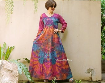 Boho Tie Dye V Neck Long Sleeve Maxi Dress, Hippie Bohemian Maxi Dress, Rainbow Dress, Festival Clothing Extravagant Dress - LD63C