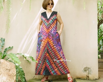 Boho Rainbow Tie Dye Maxi Dress: Sleeveless V-Neck Cotton - LD12E
