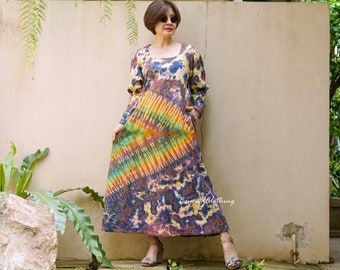 Boho Tie Dye Square Neck Mutton Sleeve Maxi Dress, Bohemian Maxi Dress Boho Rainbow Dress Festival Clothing Extravagant Dress LD64C