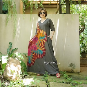 Boho Half Sleeve V Neck Rainbow Tie Dye Maxi Dress, Festival Clothing, Colorful Holiday Dress Tie Dye Flare Dress - LD62B