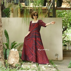 Boho Tie Dye Square Neck Half Gathered Sleeve Dress, Hippie Bohemian Maxi Dress, Rainbow Dress, Festival Clothing Extravagant Dress - LD45B