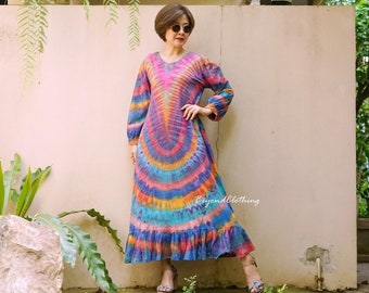 Boho Long Gathered Sleeve Ruffle Hem Dress, Hippie Boho Dress, V Neck Rainbow Dress, Festival Clothing, Colorful Dress - LD70B