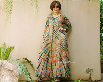 Boho Tie Dye V Neck Long Sleeve Maxi Dress, Hippie Bohemian Maxi Dress, Rainbow Dress, Festival Clothing Extravagant Dress - LD63E