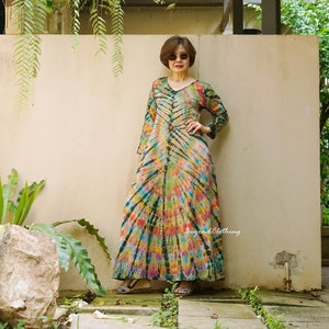 Boho Tie Dye V Neck Long Sleeve Maxi Dress, Hippie Bohemian Maxi Dress, Rainbow Dress, Festival Clothing Extravagant Dress - LD63E