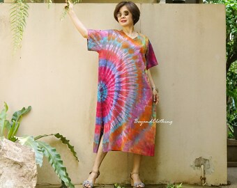 Boho Tie Dye Short Sleeve V Neck Plus Size Dress, Tie Dye A Shape Dress, Tie Dye Plus Size Dress, Festival Clothing Resort Dress - LD36D