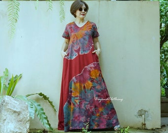 Boho Short Sleeve V Neck Rainbow Tie Dye Maxi Dress, Festival Clothing, Colorful Holiday Dress Tie Dye Flare Dress - LD61E