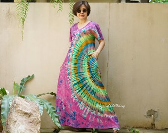 Boho Short Sleeve V Neck Rainbow Tie Dye Maxi Dress, Festival Clothing, Colorful Holiday Dress Tie Dye Flare Dress - LD61B