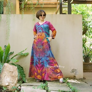 Boho Tie Dye V Neck Long Sleeve Maxi Dress, Hippie Bohemian Maxi Dress, Rainbow Dress, Festival Clothing Extravagant Dress - LD63H