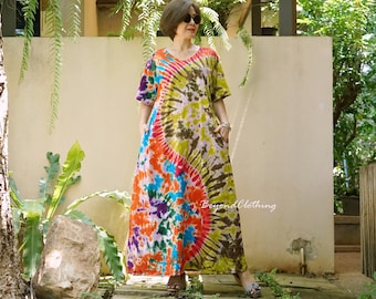 Plus Size Tie Dye Maxi Dress: Boho V Neck Cotton Resort Wear - TD4B