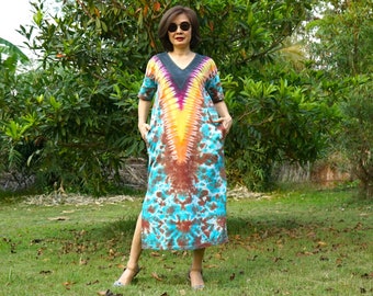 Hand Tie-Dye Cotton Jersey Dress: Multicolor Rainbow Hippie Festival Clothing