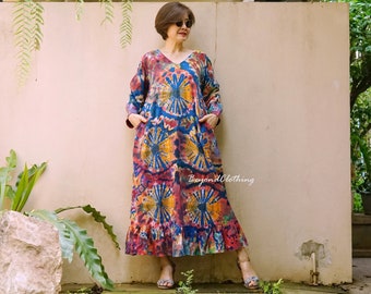 Boho Long Gathered Sleeve Ruffle Hem Dress, Hippie Boho Dress, V Neck Rainbow Dress, Festival Clothing, Colorful Dress - LD70A
