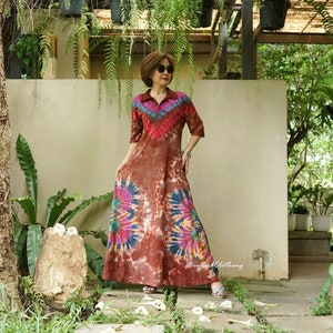 Boho Tie Dye Point Collar Half Sleeve Flare Maxi Dress Hippie Bohemian Maxi Dress, Rainbow Dress, Festival Clothing Extravagant Dress LD46E