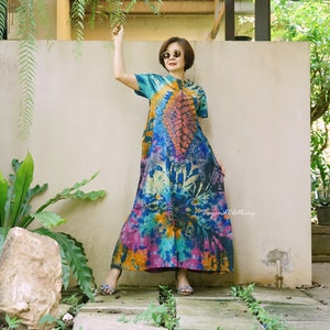 Boho Tie Dye Crew Neck Short Sleeve Maxi Dress, Hippie Bohemian Flare Dress, Rainbow Dress, Festival Clothing Extravagant Dress - LD75B