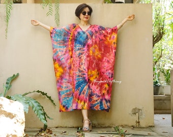 V Neck Tie Dye Cotton Spandex Kaftan, Boho Tie Dye Oversized Kaftan Dress, Tie Dye Loungewear Dress, Tie Dye Resort Kaftan Dress - K1G