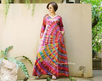 Boho Tie Dye V Neck Long Sleeve Maxi Dress, Hippie Bohemian Maxi Dress, Rainbow Dress, Festival Clothing Extravagant Dress - LD63B