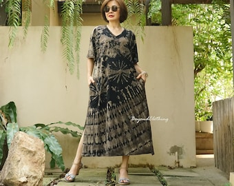 Boho Tie Dye Plus Size Dress: Cotton V Neck Festival Dress  - LD36A