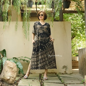 Boho Tie Dye Short Sleeve V Neck Plus Size Dress, Bleached Tie Dye Dress, Tie Dye A Shape Dress, Festival Clothing Resort Dress - LD36A