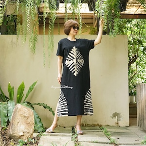 Hand Tie-Dye T-Shirt Dress: Boho Festival A-Line Cotton, Side Slit, 2 Pockets - LD20L