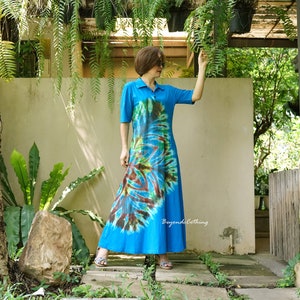 Boho Tie Dye Point Collar Half Sleeve Flare Maxi Dress Hippie Bohemian Maxi Dress, Rainbow Dress, Festival Clothing Extravagant Dress LD46B