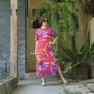 Boho Tie Dye Short Sleeve T-shirt Dress, Tie Dye A Shape Dress, Tie Dye Crew Neck Dress, Festival Clothing Holiday Tie Dye Dress - LD20D