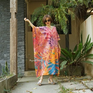 V Neck Tie Dye Cotton Spandex Kaftan, Boho Tie Dye Oversized Kaftan Dress, Tie Dye Loungewear Dress, Tie Dye Resort Kaftan Dress - K1E