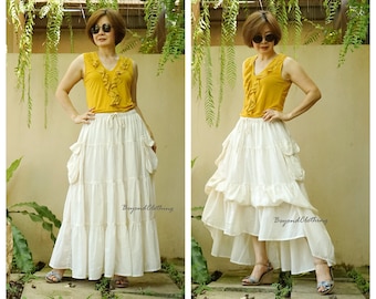 2 In 1 Take Me to Your Heart - Steampunk Short Front Long back Tiered Creamy White Light Cotton Boho Skirt, Extravagant Skirt