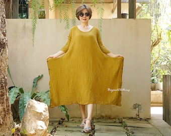 Boho Mustard Senf Baumwoll Gaze Kleid: Asymmetrische Lagenlook Latz Seitlich DB13