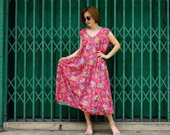 Boho Chic V Neck Sleeveless Balloon Floral Printed Pink Light Cotton Summer Lagenlook Boho Dress Sundress Raw Edge At Neck & Around Armholes