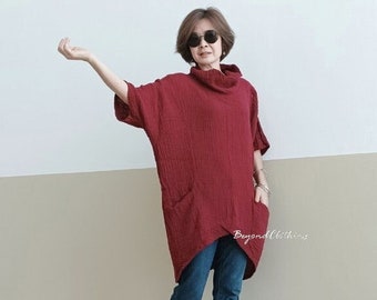 Chic Modern Oversize Loose Fit Short Front Long Back Asymmetric Dark Red Double Gauze Cotton Women Lagenlook Boho Tunic Tops DB11