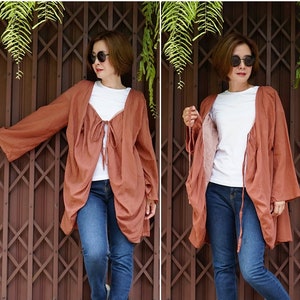 Oversize Funky Boho Chic Casual Long Sleeve Terracotta Light Cotton Freesize Front Tie Cardigan Blouse Top Women Outerwear N-478B