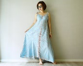 Boho V Neck Bleach Tie Dye Tie Shoulder Blue Light Nano Rayon Bias Cut Dress, Beach Cover Ups, Tie Dye Resort Dress, Beach Summer Dress