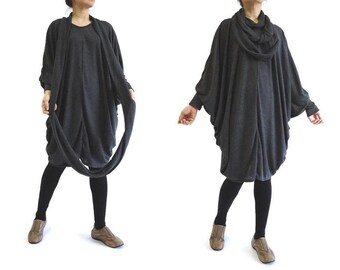 TN216 Oversize Funky Boho V Neck Longsleeve Hearther Black Viscose Sweat Tunic Sweater Dress Lagenlook Top With Scarf Slouch Dress Tunic