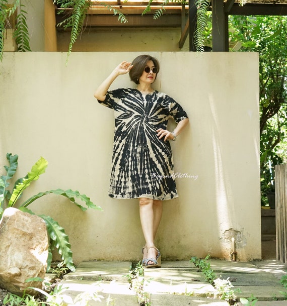 Boho Bleach Tie Dye Mini Dress: Cotton T-Shirt Dress with Pockets - PD2D