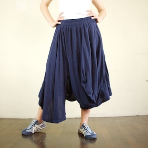 Lagenlook Low Crotch Dark Navy Blue Rayon Mix Linen Draped Pants In Skirt Style Extravagant Pants/Skirt With Asymmetrical Hem  - SM721