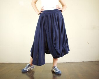 Lagenlook Low Crotch Dark Navy Blue Rayon Mix Linen Draped Pants In Skirt Style Extravagant Pants/Skirt With Asymmetrical Hem  - SM721