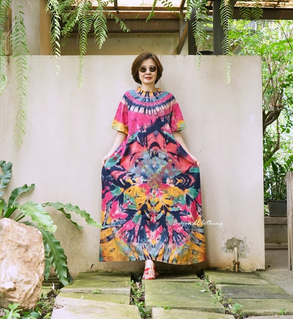 Boho Tie Dye Maxi Dress: Plus Size Cotton Festival Dress - LD79B Boho Tie Dye Maxi Dress: Plus Size Cotton Festival Dress - LD79B