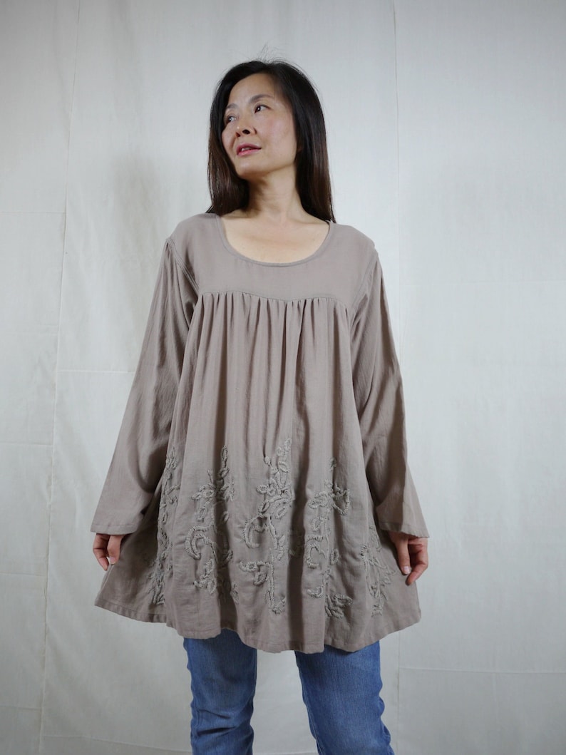 Plus Size Bohemian Long Sleeve Azo Free Color Taupe Light Cotton Blouse With Hand-Embroidered Detail Blossom