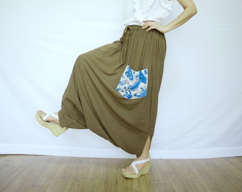Boho Funky Harem Unisex Olive Brown Cotton Pants With 1 Patch Pocket Freesize Can Fit Size12 To 3X - SM703