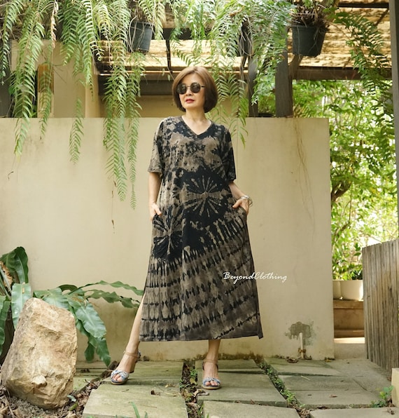 Boho Tie Dye Plus Size Dress: Cotton V Neck Festival Dress - LD36A
