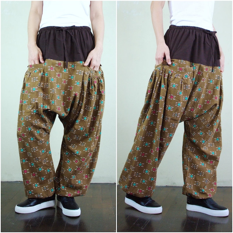 P069 Boho Funky Harem Drop Crotch Teal And Red Dot /& White Stitched Goldenrod Brown Cotton Men Women Freesize Pants With 2 Roomy Pockets