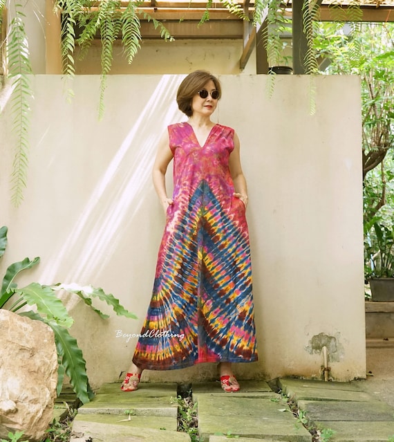 cotton tie dye dress Rainbow Maxi Dress: Sleeveless V Neck Festival - LD12K Brown Lace Dress – long modest dresses Plus size making it easy to Color:Candy_Pink
