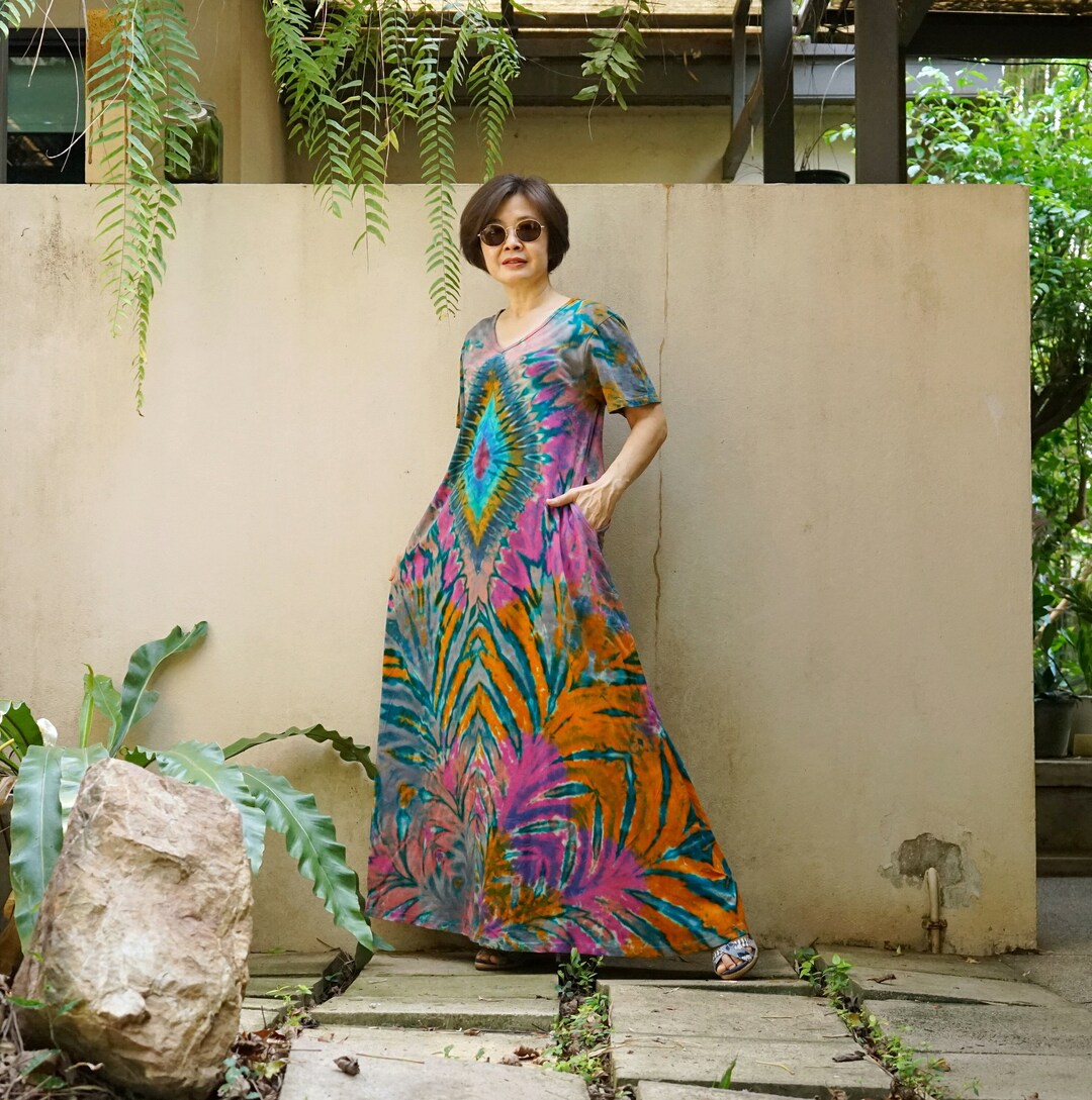 Multicolor Boho Floral Striped Tie V Neck Long Dress main image 1