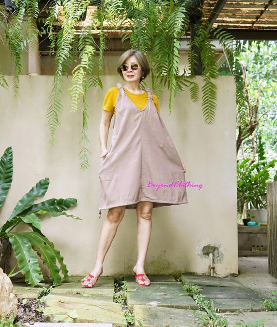 white christmas dresses Brown Cotton Linen V-Neck Midi Pinafore Dress 26