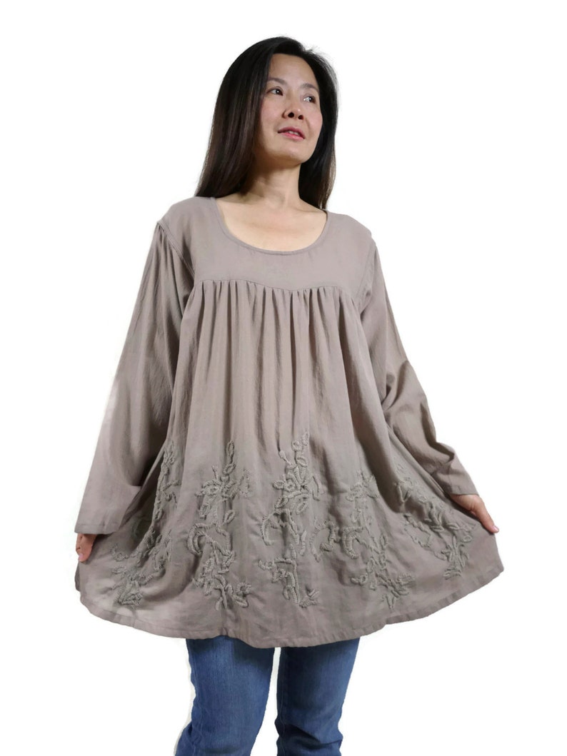 Plus Size Bohemian Long Sleeve Azo Free Color Taupe Light Cotton Blouse With Hand-Embroidered Detail Blossom