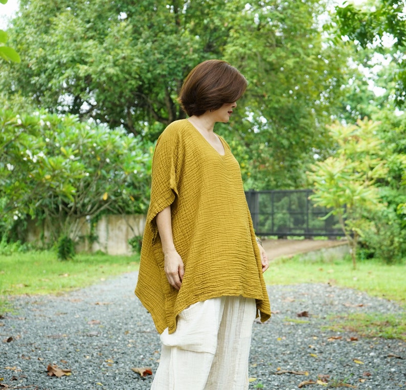 Mustard Gauze Cotton Poncho Top Oversize Plus Size Boho Loose Fit Chic Casual Lagenlook Mustard Gauze Cotton Blouse Poncho Top DB7 image 7